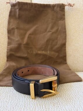Gucci Black Leather Belt with Gold Bamboo-Style Buckle